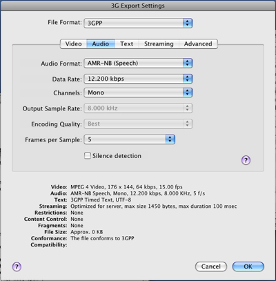 PcP Encodings - 3GPP (Release 5) Server - Audio Settings